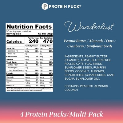 Protein Puck Wanderlust Nutrition Bars - Peanut Butter Cranberry - 3.25oz/4ct: Chewy, 8g Protein, Ready to Eat