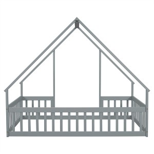 COWLOWN Full Size Wood House Floor Bed with Fence Guardrails, Play & Sleep Bed for Kids and Toddlers - 1 of 4
