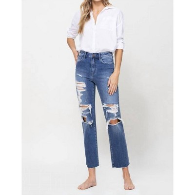 Women's Distressed High Rise Ankle Relaxed Straight Jeans - FLYING MONKEY