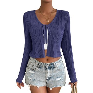 Clearlove Cropped Cardigan For Women Casual Tie Up Top V Neck Knitted Open Front Shrug Sweater - 1 of 4