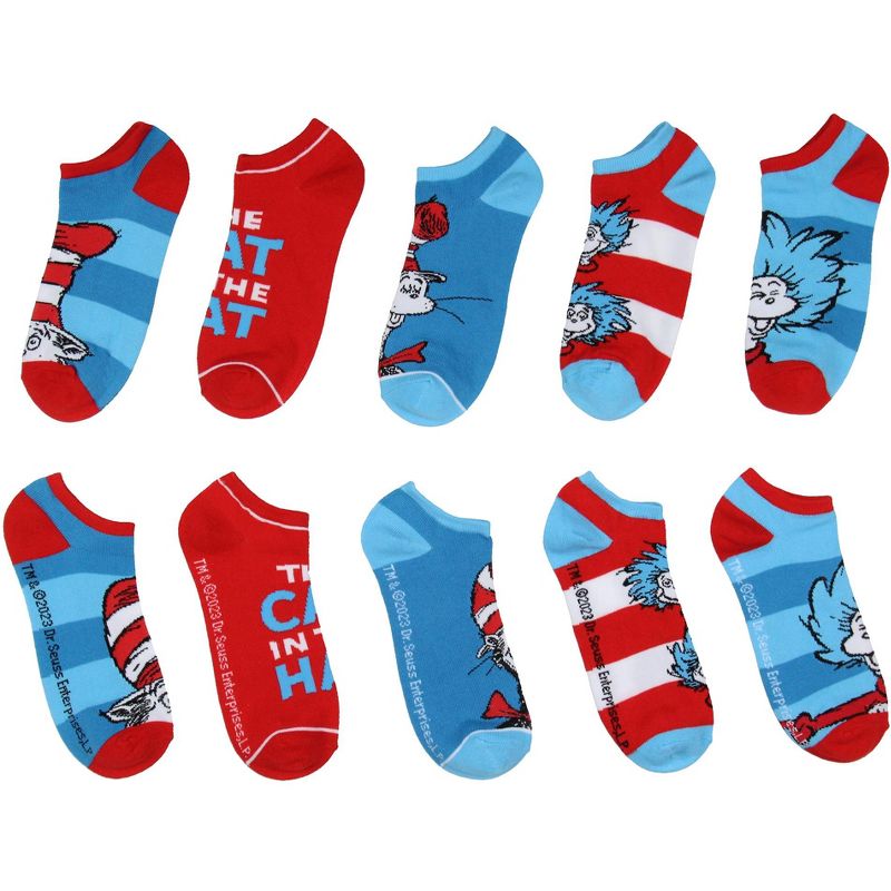 Dr. Seuss Socks Adult Cat In The Hat Thing 1 Thing 2 Low Cut Ankle Socks 5 Pack Multicoloured, 2 of 4