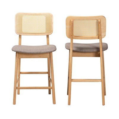 Baxton Studio 2pc Dannon Fabric and Wood Counter Height Barstools Gray/Natural Oak/Light Brown: Polyester Upholstery, Rubberwood Frame
