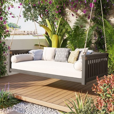Patio Twin Size Garden Swing Bed, Porch Hanging Swing Bed With Ropes, Leisure Twin Size Swing Bed, Safe Sloped Design, Weight Capacity 350 Lbs