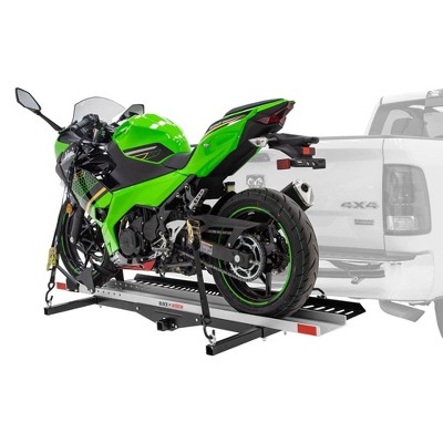 Black Widow Hitch Mounted Motorcycle Carrier with Ramp, Heavy Duty Steel Frame  & Aluminum Track, 600 Pound Capacity, 72 Inch Ramp, Black