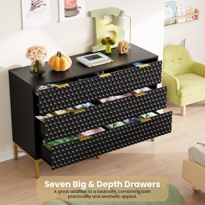 White 7-Drawer Dresser with Honeycomb Panels and Gold Metal Frame