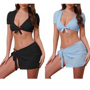 INSPIRE CHIC Women's Tie Knot Halter Ribbed Short Sleeve Cover Up Set Triangle Bottom Swimwear Bathing Bikini Suits 2 Sets - 1 of 4