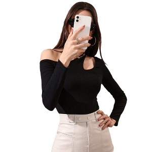 Women's One Shoulder T-Shirt Stretch Fitted Top Bodycon Long Sleeve Blouse - 1 of 2