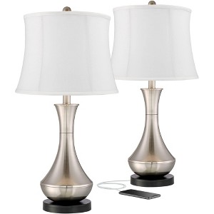 360 Lighting Simon Modern Table Lamps 25 1/2" High Set of 2 Brushed Nickel with USB Charging Port White Softback Drum Shade for Bedroom Bedside Desk - 1 of 4