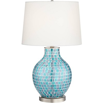 360 Lighting Coastal Table Lamp 26.5" High Mosaic Teal Tiles Glass Jar Shaped White Drum Shade for Living Room Family Bedroom Bedside