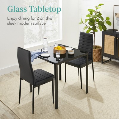 Black 3-Piece Glass Dining Set with PU Leather Chairs