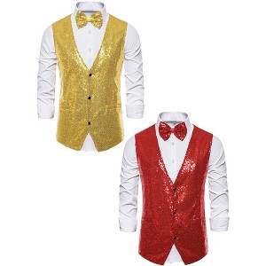 Lars Amadeus Men's Sparkle Sequin Sleeveless Waistcoat Set with Bow Tie 2 Packs - 1 of 4