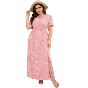 Coolmee Women's Plus Size Maxi Dress Wrap V Neck Short Sleeve High Waist Side Split Flowy A Line Casual Elegant Floral Long Dress - 1 of 4