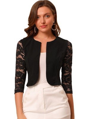 INSPIRE CHIC Women's Work Floral 3/4 Lace Trim Sleeves Open Front Bolero Shrug