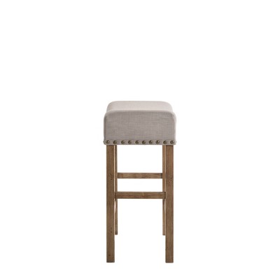 Tan Linen and Weathered Oak Backless Saddle Counter Stool