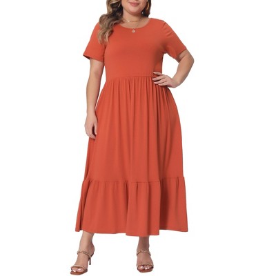 Agnes Orinda Women's Plus Size Short Sleeve Crew Neck Basic Swing Flowy Ruffle Maxi A Line Dresses
