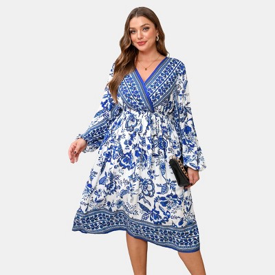 Women's Plus Size Boho Blue and White Floral Print Midi Dress - Cupshe