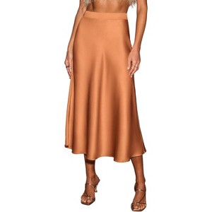 Women's Satin Midi Skirt - Flowy High Waist A-Line for Cocktail, Wedding & Vacation Outfits Orange - 1 of 4