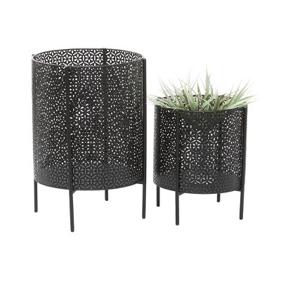 Set of 2 Black Metal Cylinder Floor Planters