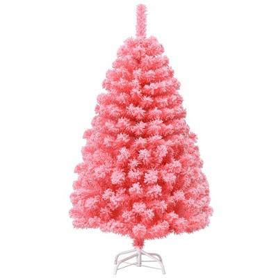 Costway 4.5ft Snow Flocked Hinged Artificial Christmas Tree w/ Metal Stand Pink