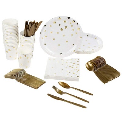 Blue Panda Gold Foil and White Party Pack (24 Guests) Plates, Napkins, Cups, Forks, Spoons, Knives