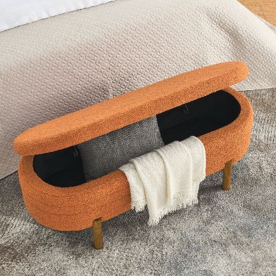 Sapphtopaz Pleated Fabric Ottoman with Storage, Oval Storage Ottoman Bench with Rubber Wood Leg, Multi-Use Footstool Bench, Ottoman Foot Rest