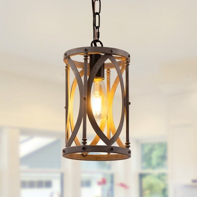 YANSUN 1-Light Farmhouse Wood and Gold Pendant Light, Metal Cage Hanging Lighting Fixture for Kitchen Island, Hallway,Bedroom Gold