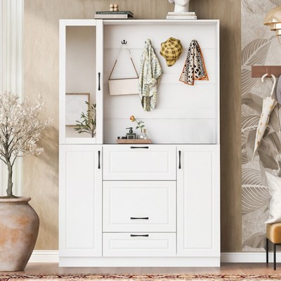 51.1''Hall Tree, Entryway Bench with Integrated Shoe Cabinet,3-in-1 Design, Mirrored Cabinet Door and Foldable Seat for Entrance, Living Room