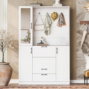 51.1''Hall Tree, Entryway Bench with Integrated Shoe Cabinet,3-in-1 Design, Mirrored Cabinet Door and Foldable Seat for Entrance, Living Room - 1 of 4