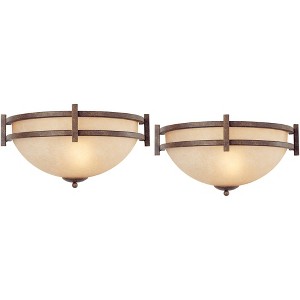 Franklin Iron Works Mission Wall Light Sconces Set of 2 Bronze Hardwired 14 1/2" Fixture Cream Scavo Glass for Bedroom Bathroom - 1 of 4