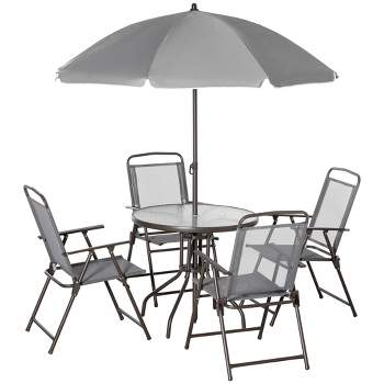 Outsunny 6 Piece Patio Dining Set for 4 with Umbrella, 4 Folding Dining Chairs & Round Glass Table for Garden, Backyard, and Poolside