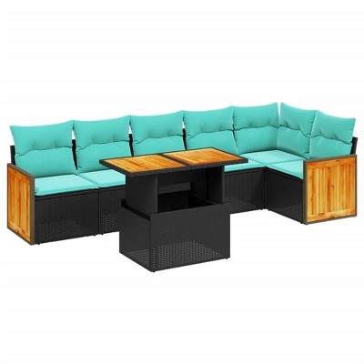 vidaXL 7 Piece Patio Sofa Set with Cushions - Black Poly Rattan