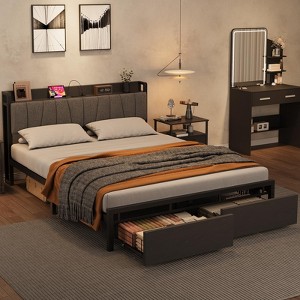 Bed Frame with Functional Storage Headboard, Industrial Full Platform Bed with 2 Large Drawers, Black Bed Frame – No Box Spring Required - 1 of 4