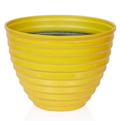 12" Yellow Ribbed Plastic Indoor Outdoor Planter