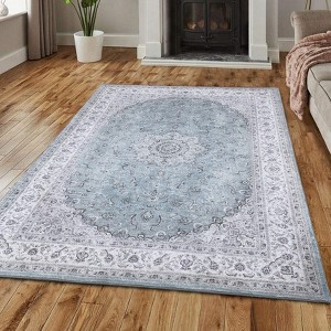 Washable Rug Vintage Floral Distressed Carpet, Ultra-Soft Low Pile Floor Cover Farmhouse Anti-Slip Aesthetic Rug for Living Room Bedroom Dining Room - 1 of 4