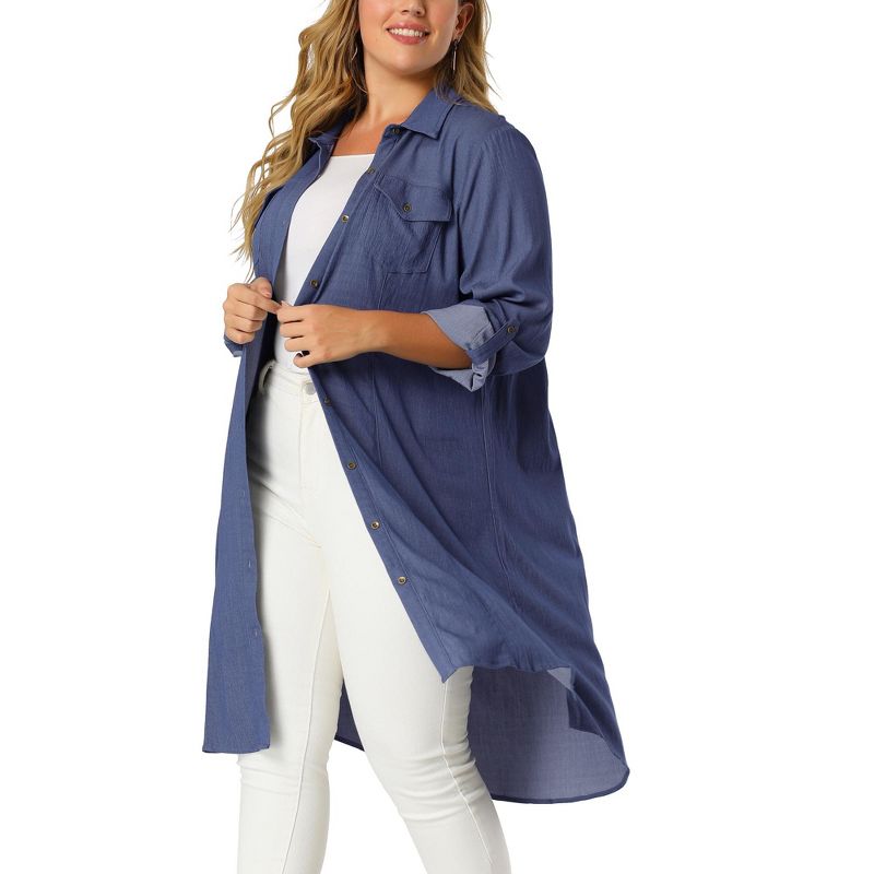 Agnes Orinda Women's Plus Size Chambray Shirt Long Sleeve Chest Pocket Denim Jacket, 2 of 7