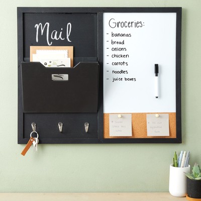 Black and White Magnetic Chalkboard Organizer with Key Hooks