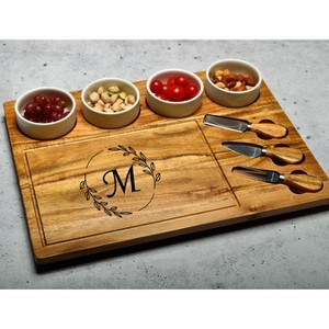 Picnic at Ascot - Large Personalized Monogrammed Premium Acacia Charcuterie Board Set with Ceramic Bowls & Cheese Knives - 17" x 13" - 1 of 4