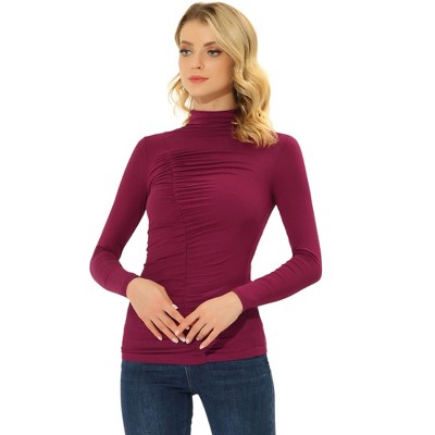 INSPIRE CHIC Women's Mock Neck Long Sleeve Knitted Ruched Top Shirts