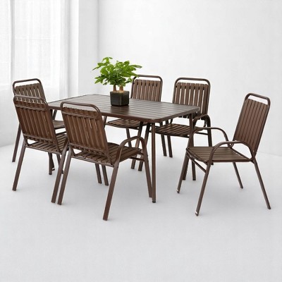 Mshliw 7-Piece Patio Dining Set, Outdoor Dining Set with Plastic Chairs and Steel Table, Brown, for Garden, Patio, and Indoor Use