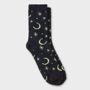 Women's Glow-in-the-Dark Moon and Stars Halloween Cozy Crew Socks - Hyde and EEK! Boutique™ Black 4 - 10 - 1 of 3