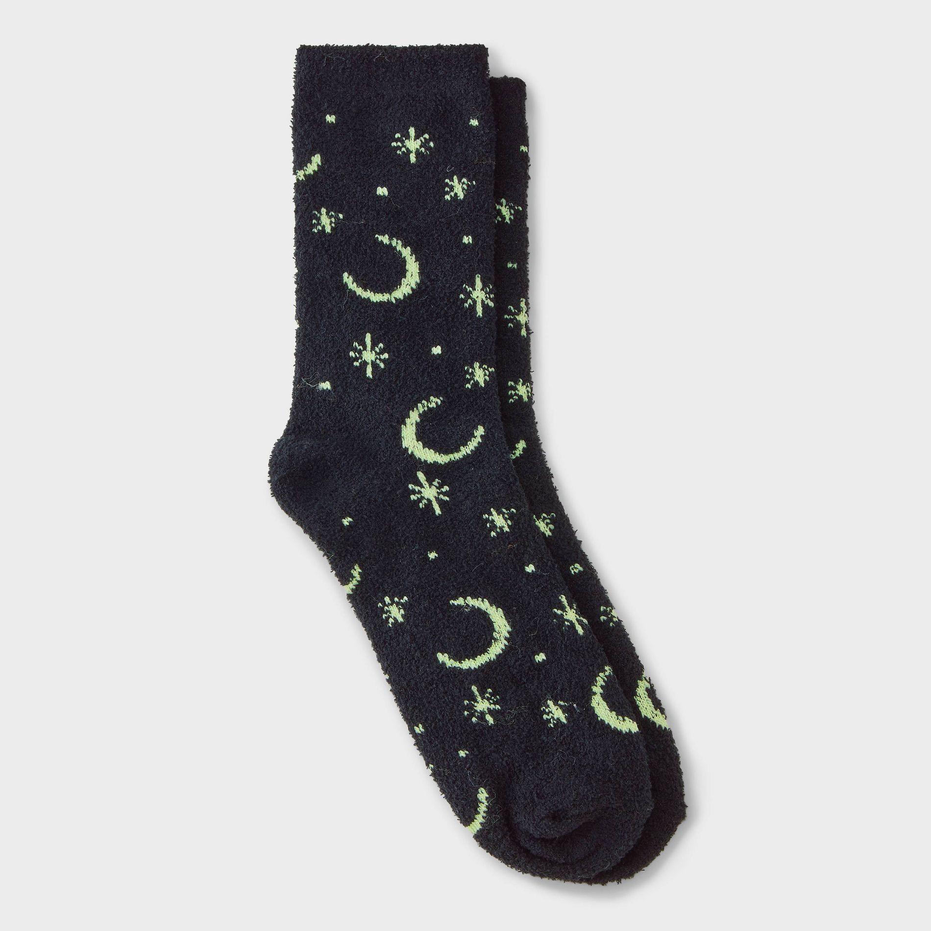 Women's Glow-in-the-Dark Moon and Stars Halloween Cozy Crew Socks - Hyde and EEK! Boutique™ Black 4 - 10