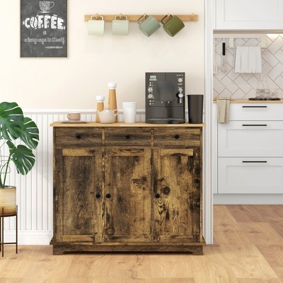 NicBex Modern Storage Buffet Cabinet Kitchen Coffee Bar Cabinet with Solid Wood Countertop, 3 Drawers, Doors and Adjustable Shelf