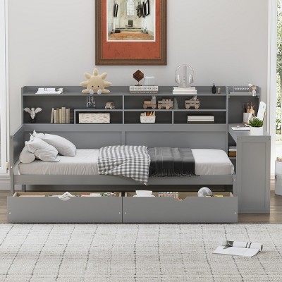 Wooden Daybed with Storage Drawers, Shelves and Built-In Study Desk, Space-Saving Multi-Functional Bed for Kids Room-Cuddlewood