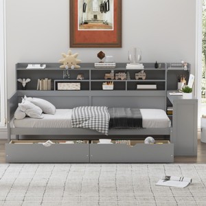 Wooden Daybed with Storage Drawers, Shelves and Built-In Study Desk, Space-Saving Multi-Functional Bed for Kids Room-Cuddlewood - 1 of 4