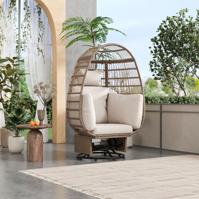 VisioGear Egg Chairs, Patio Swivel Egg Chair with Cushion, with Rocking Function for Balcony, Beige, 38.6"*31.5"*58.7"