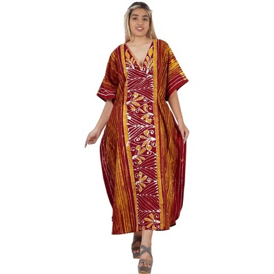 LA LEELA Women's Summer Batik Caftan Loungewear House Dashiki Dress V Neck Kaftan Nightshirts for Women Sleepwear Plus size 2X-3X Orange, Floral
