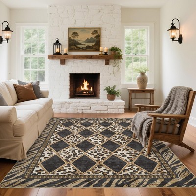 Modern Washable Area Rug, Checkered Leopard Print Floor Cover with Non Slip Backing, Low Pile Stain Resistant Indoor Carpet