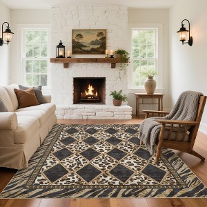 Modern Washable Area Rug, Checkered Leopard Print Floor Cover with Non Slip Backing, Low Pile Stain Resistant Indoor Carpet - 1 of 4