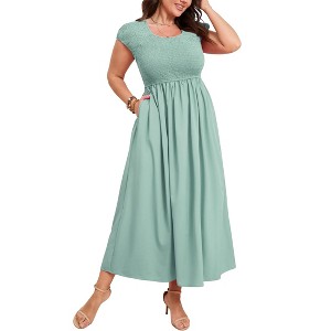 Women's Plus Size Maternity Maxi Dress Summer Casual Round Neck Short Sleeve Smocked High Waist Maxi Dresses with Pockets - 1 of 4
