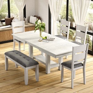 VECELO 6-Piece Wooden Dining Table Set, Dining Table with 4 Armless Upholstered Dining Chairs & Bench for Kitchen, Rubber Wood Legs, Gray - 1 of 4